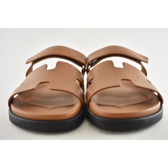 Hermes Chypre Sandal Mens Naturel Brown Gold Leather H Logo Slide Flat 45 12 - Picture 7 of 13